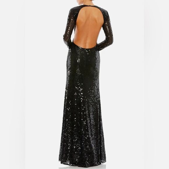 Mac Duggal Black Sequin Open Back Long Sleeve Dress - Picture 2 of 8